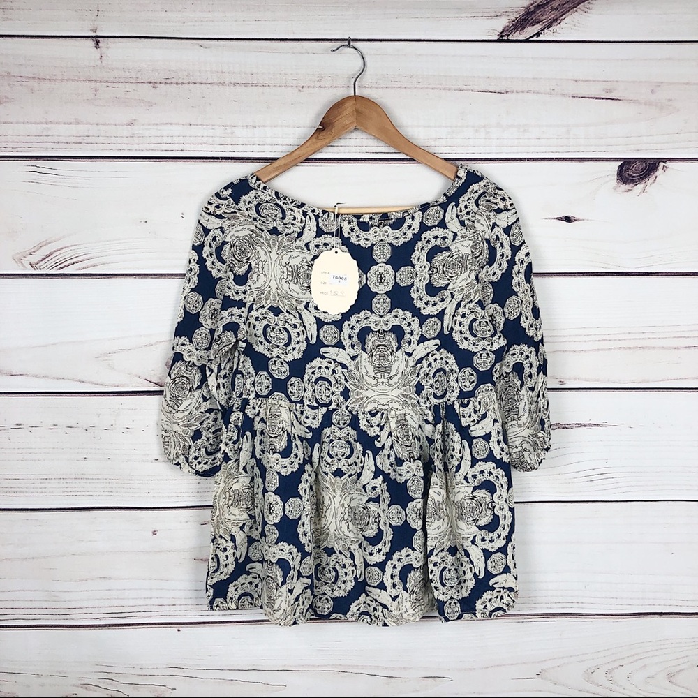 NEW! MJ Designer Paris Blue Ornate Peplum Top S - Picture 4 of 5